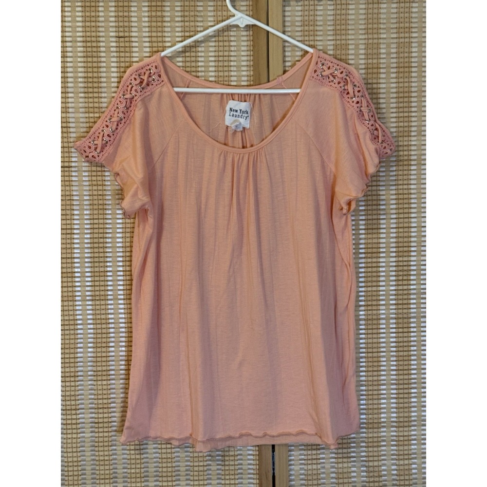 New York Laundry Womens L Top Peach Short Sleeve Embroidery Boho Western Lace